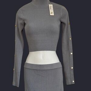 Meshki Blue Gray Ribbed Top with Gold Detail